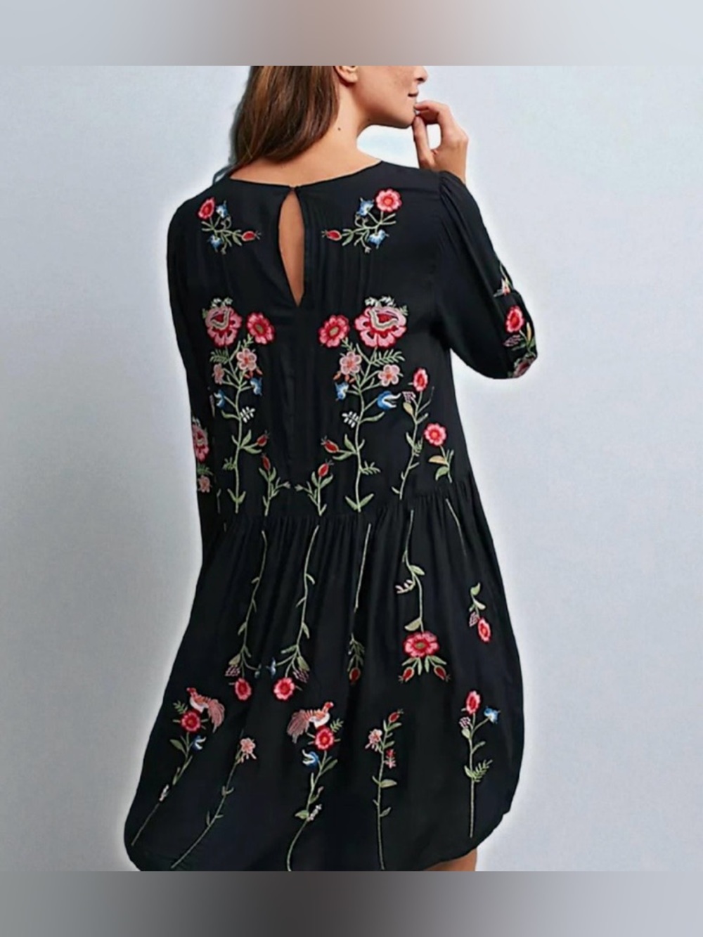 Anthropologie Maeve Allison Embroidered Bird Floral Mini Dress Black Small - Picture 3 of 7